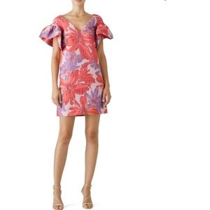 Badgley Mischka Coral Pink Purple Floral Puff-Sleeve Mini Dress